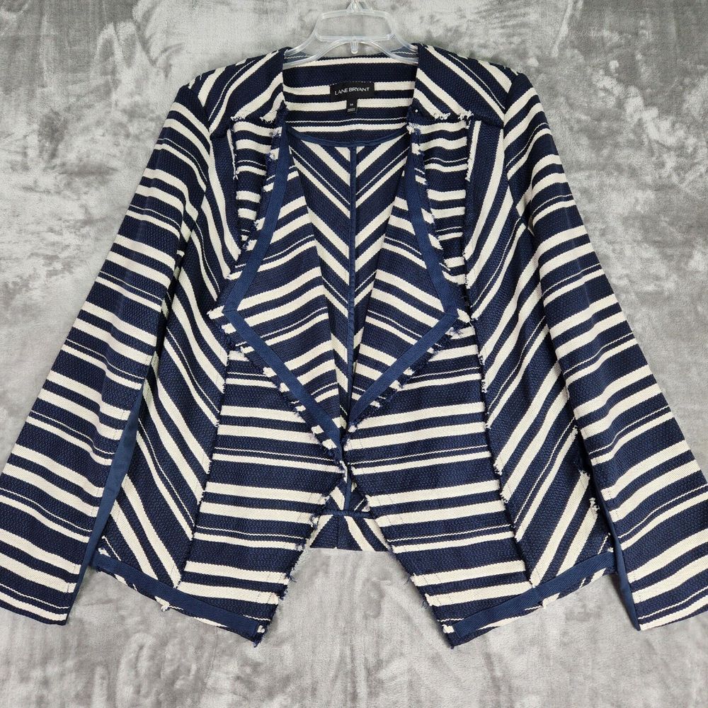 Lane Bryant Womens Blazer Jacket 16 Blue Ivory Stripe Open Front Woven Fringe